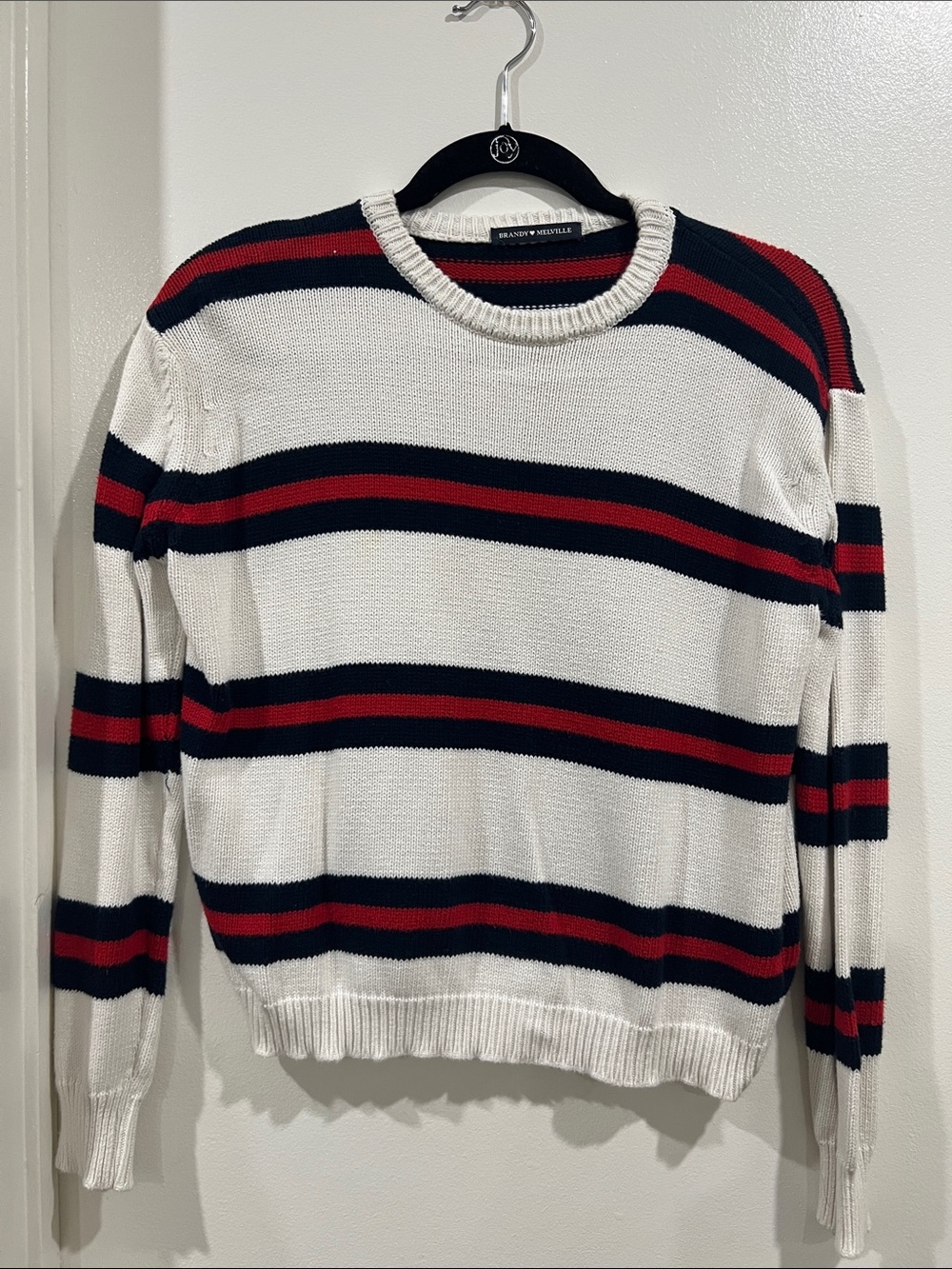 Brandy Melville White Crewneck Sweater with Red & Navy Stripes